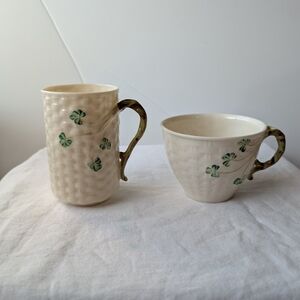 Belleek Porcelain Handpainted Shamrocks Basketweave Irish Coffee Cup & Flat Cup